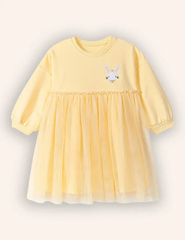 Cute Bunny Appliqué Long Sleeves Tulle Dress